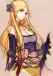  akai_kagerou_(artist) bare_shoulders blonde_hair blue_eyes breasts celes_chere cleavage collarbone detached_sleeves final_fantasy final_fantasy_vi hair_ornament jewelry long_hair necklace parted_lips sash sheath sheathed solo sword weapon 