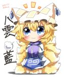  &gt;:3 :3 blonde_hair blue_eyes blush character_name chibi dated dress fox_tail hat multiple_tails rebecca_(keinelove) short_hair signature smile solo standing tail touhou translated yakumo_ran 