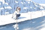  black_legwear brown_hair coat earmuffs fur_trim hands_on_own_cheeks hands_on_own_face mittens no_mouth no_nose original pantyhose river short_hair snow snowing solo squatting toe_(gardengirls) water winter_clothes 