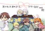  6+girls :d :o akeome animal_ears apron black_hair blonde_hair brown_hair bunny_ears charlotte_e_yeager chibi closed_eyes dog_ears eila_ilmatar_juutilainen erica_hartmann eyes_closed floral_print food francesca_lucchini fruit gertrud_barkhorn japanese_clothes kneeling kotatsu long_hair lying mandarin_orange miyafuji_yoshika multiple_girls new_year o_o on_stomach open_mouth orange_hair pointing pot rabbit_ears saliva sanya_v_litvyak short_hair silver_hair sleeping smile strike_witches table takahashi_(ichigo_no_katamari) translated twintails 