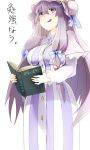  :p book bow breasts capelet crescent dress hair_bow hat long_hair patchouli_knowledge purple_eyes purple_hair ribbon solo text tongue touhou violet_eyes 