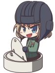  blue_eyes blush fang fictional_sister girls_und_panzer helmet katyusha open_mouth simple_background smile solo tank tank_turret uniform white_background 