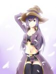  aerlai breasts cleavage cropped_jacket hat highres long_hair midriff miniskirt open_clothes open_jacket original petals pigeon-toed pointy_ears purple_eyes purple_hair skirt slender_waist smile snake_tail solo thigh-highs thighhighs tubetop violet_eyes witch_hat zettai_ryouiki 