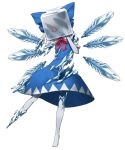 ascot blue_hair bow cirno crazy_eyes dress frozen hair_bow hands_on_own_face ice ice_cube mazeran persona red_eyes ribbon solo touhou transparent_background wings 