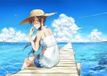 bare_shoulders bird blue blue_eyes brown_hair cloud clouds condensation_trail contrail from_behind hat horizon long_hair looking_at_viewer looking_back mouth_hold ocean original pier shorts sitting sky soaking_feet solo straw_hat taxi_(owp) 