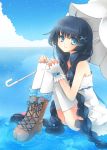 absurdres blue_eyes blue_hair boots braid ceru cloud clouds copyright_request dress highres knees_together_feet_together legs long_hair sitting_on_water sky thigh-highs thighhighs twin_braids umbrella very_long_hair water white_legwear 