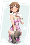  aya_shachou bare_shoulders belt blush boots bottomless bracelet brown_eyes brown_hair cool_&amp;_sexy_(idolmaster) covering covering_crotch fishnets gloves hagiwara_yukiho hand_on_own_chest hands_on_own_chest highres idolmaster jewelry looking_at_viewer no_panties pink_diamond_765 short_hair shorts snowflakes solo squatting tears thigh-highs thighhighs 