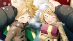  1girl blonde_hair blush bow box brother_and_sister closed_eyes coat daidou_(demitasse) earmuffs eyes_closed gift gift_box hair_ornament hair_ribbon hairclip hand_on_head highres kagamine_len kagamine_rin open_mouth petting pov ribbon short_hair siblings smile snow twins vocaloid 