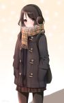1girl :o black_hair brown_eyes coat earmuffs highres ivioss looking_at_viewer original pantyhose plaid plaid_scarf scarf skirt solo standing winter_clothes