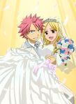  bluesnowcat blush bouquet brown_eyes carrying couple dress fairy_tail feathers flower grin lipstick lucy_heartfilia makeup natsu_dragneel pink_hair princess_carry smile tiara tuxedo wedding_dress 