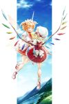  blonde_hair bobby_socks closed_eyes cloud clouds eyes_closed fairy_wings fang flandre_scarlet flying from_behind hand_holding hat holding_hands maid_headdress mary_janes matsutani multiple_girls shoes short_hair side_ponytail sky smile socks sunny_milk touhou twintails white_legwear wings 