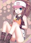 1girl blue_eyes brown_hair hat ikeda_yuuki pokemon solo tepig touko_(pokemon) wink 