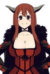  blush breasts choker cleavage coat collarbone hands_on_hips horns looking_at_viewer maou_(maoyuu) maoyuu_maou_yuusha miyashiro_sousuke red_eyes red_hair redhead simple_background smile solo white_background 