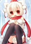  animal_ears bare_shoulders black_legwear blush breasts detached_sleeves hat highres inubashiri_momiji open_mouth red_eyes sad_fuka scarf short_hair sitting skirt solo tail thigh-highs thighhighs tokin_hat touhou white_hair wolf_ears wolf_tail 