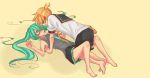  1girl all_fours aprilmayu blonde_hair blush eye_contact green_eyes green_hair hatsune_miku kagamine_len long_hair looking_at_another lying necktie on_back shorts skirt twintails vocaloid 