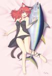  alternate_hairstyle animal_ears babydoll bare_shoulders barefoot black_panties cat_ears cat_tail extra_ears fish gomi_(gomitin) hair_down highres kaenbyou_rin knees_together_feet_apart leg_ribbon long_hair lying multiple_tails navel on_back open_mouth panties pointy_ears red_eyes red_hair redhead solo tail touhou underwear 