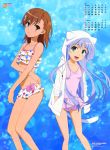  2girls absurdres bikini blue_hair brown_eyes brown_hair calendar duplicate green_eyes highres huge_filesize index jacket legs long_hair misaka_mikoto multiple_girls nyantype official_art one-piece_swimsuit open_mouth scan short_hair swimsuit tail tanaka_yuuichi to_aru_kagaku_no_railgun to_aru_majutsu_no_index very_long_hair 