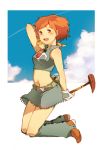  adapted_costume animal_on_shoulder boots brown_hair cloud clouds condensation_trail crop_top earrings gloves hand_behind_head honoboooono jewelry kaze_no_tani_no_nausicaa looking_at_viewer midriff nausicaa open_mouth skirt sky staff teto 