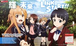  4girls :d absurdres asuna_(sao) black_legwear blazer cloud freckles grin hair_ornament hairclip highres homura_naru kirigaya_suguha kneehighs lisbeth multiple_girls official_art open_clothes open_jacket open_mouth scan school_uniform silica skirt sky smile stairs sweater sword_art_online thigh-highs thighhighs tree yuuki_asuna 