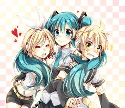  2girls aqua_eyes aqua_hair belt blonde_hair blush checkered checkered_background closed_eyes detached_sleeves eyes_closed green_eyes hair_ribbon hatsune_miku headphones heart kagamine_len kagamine_rin long_hair midriff multiple_girls navel necktie open_mouth ribbon shorts tanumabuttsu twintails very_long_hair vocaloid 