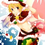  bikini_top blonde_hair blush brown_eyes christmas fairy_tail food fruit fur_trim gloves hat heart holly lucy_heartfilia midriff mismatched_legwear navel orange orange_slice sack salute santa_costume sheriff_badge skirt smile solo star strawberry strib_und_werde thigh-highs thighhighs whip 