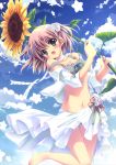  1girl absurdres barefoot bikini blush bow breasts clouds earrings flower green_eyes hair_flower hair_ornament highres izumi_tsubasu jewelry legs looking_at_viewer navel open_clothes open_mouth open_shirt polka_dot purple_hair sarong shirt short_hair sky solo sunflower swimsuit wind 