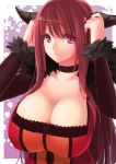  breasts choker cleavage fur_trim horns hsuliherng large_breasts long_hair maou_(maoyuu) maoyuu_maou_yuusha open_clothes open_coat pink_eyes red_hair redhead scoat smile solo 
