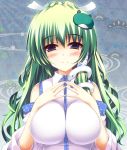  blue_eyes blush breasts detached_sleeves frog_hair_ornament green_hair hair_ornament hair_tubes impossible_clothes kochiya_sanae kusano_(torisukerabasu) large_breasts long_hair looking_at_viewer snake_hair_ornament solo touhou 