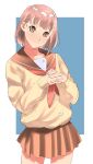  arumi_(arumi-ke) blush brown_eyes brown_hair buttons cardigan hands_clasped looking_at_viewer original pentagram pleated_skirt school_uniform serafuku short_hair skirt smile solo 