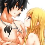  blonde_hair blush couple cross crossed_arms eye_contact fairy_tail gray_fullbuster hair_down jewelry long_hair looking_at_another lucy_heartfilia necklace shirtless strib_und_werde tattoo topless 