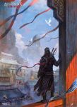  artist_name assassin&#039;s_creed assassin's_creed banner bird boots building chain chains chaoyuan_xu cloud clouds dated east_asian_architecture from_behind highres hood lantern pauldrons sash sheath sheathed sky solo sword tree vambraces weapon 