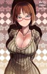  bail breasts brown_eyes brown_hair cleavage glasses hair_ornament hairclip jewelry large_breasts looking_at_viewer necklace original red-framed_glasses ribbed_sweater semi-rimless_glasses short_hair smile solo sweater 