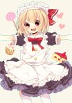 alternate_costume blonde_hair bow cake candy cupcake doraemon_(artist) enmaided food hair_ribbon heart lollipop maid maid_headdress open_mouth outstretched_arms red_eyes ribbon rumia skirt smile solo thigh-highs thighhighs touhou white_legwear 