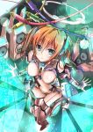  1girl armor artist_request blue_eyes bodysuit breasts brown_hair cable cleavage copyright_request female highres light_particles solo wings 