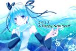  blue_eyes blue_hair detached_sleeves earrings hair_ribbon happy_new_year hatsune_miku highres jewelry marth_sao necktie outstretched_arm ribbon scarf snow solo tie twintails vocaloid 