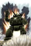  clenched_hand explosion highres kaijuu konbini_dmz m4_sherman mecha mechanization meisai-kun military military_vehicle no_humans sao_satoru science_fiction soldat_man solo tank vehicle world_war_ii 