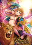  :d blonde_hair blue_eyes fang gloves highres jewelry lion long_hair madopen open_mouth original riding shawl smile solo sword tiara weapon wings 