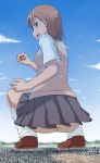  brown_hair city giantess highres misaka_mikoto open_mouth school_uniform short_hair shorts shorts_under_skirt solo squatting sweater_vest terada_ochiko to_aru_majutsu_no_index train 