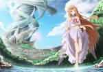  asuna_(sao) asuna_(sao-alo) bare_shoulders barefoot brianchan.t.w brown_eyes brown_hair dress dress_lift ear_covers elf fisheye long_hair midriff navel pointy_ears scenery sword_art_online titania_(sao) wading yuuki_asuna 