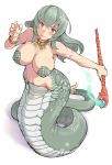  1girl adult armlet blush breasts curvy forked_tongue jewelry lamia large_breasts monster_girl navel necklace red_eyes rozen_maiden rozenweapon scales silver_hair solo staff suigintou tail tattoo tongue 
