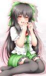  1girl akkii_(meragold) black_hair blushs bow breasts crossed_legs hair_bow highres long_hair meragold open_mouth red_eyes reiuji_utsuho ribbon sitting skirt solo thighhighs third_eye touhou 