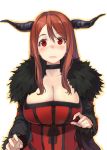  blush breasts brown_hair bust cape choker cleavage demon_girl dress female fur_trim hair_between_eyes horns huge_breasts large_breasts long_hair long_sleeves looking_at_viewer maou_(maoyuu) maoyuu_maou_yuusha red_eyes red_hair shirabi_(life-is-free) simple_background solo white_background 