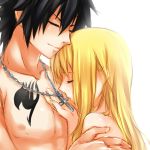  blonde_hair closed_eyes couple cross eyes_closed fairy_tail gray_fullbuster hair_down hug jewelry light_smile long_hair lucy_heartfilia necklace shirtless strib_und_werde tattoo topless 