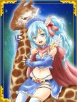  bare_shoulders blue_eyes blue_hair breasts cleavage elbow_gloves feathers fingerless_gloves giraffe gloves hat highres midriff navel open_mouth original ponytail shiny shiny_skin skindentation skirt smile thigh-highs thighhighs urutsu_sahari wings 