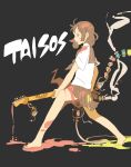  absurdres artist_name barefoot black_background brown_eyes brown_hair cable electric_guitar guitar highres instrument long_hair original paint paint_splatter profile school_uniform serafuku simple_background smoke solo taisos 