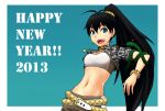  2013 :d belt black_hair blue_eyes breasts earrings ganaha_hibiki happy_new_year heart highres idolmaster jewelry long_hair looking_at_viewer midriff navel open_mouth ponytail smile snake solo 