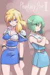  80s amia_amirski aqua_dress armor belt blonde_hair blue_dress blue_eyes capelet character crossed_arms dress english green_eyes green_hair highres isedaichi_ken multiple_girls oldschool phantasy_star phantasy_star_ii shilka_levinia short_hair shoulder_armor simple_background smile wristband 