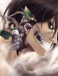  1girl 2boys absurdres black_hair cape highres levi_(shingeki_no_kyojin) mikasa_ackerman multiple_boys rogue_titan shingeki_no_kyojin sora-tsu sword teeth three-dimensional_maneuver_gear weapon 