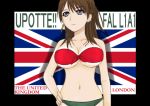  bare_shoulders bikini breasts brown_hair cartridge character_name cleavage fal_(upotte!!) flag inmist large_breasts long_hair purple_eyes solo swimsuit title_drop union_jack upotte!! violet_eyes 