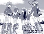  creator_connection girls_und_panzer isuzu_hana long_hair military military_vehicle monochrome multiple_girls nishizumi_miho panties reizei_mako short_hair strike_witches takebe_saori underwear vehicle xanadu 